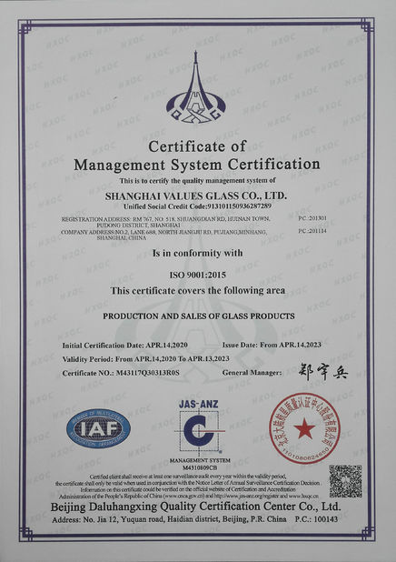 Chine SHANGHAI VALUES GLASS CO., LTD certifications